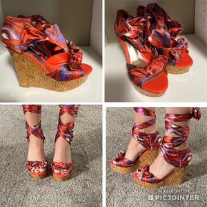 Worn once BEBE ankle wrap wedges
